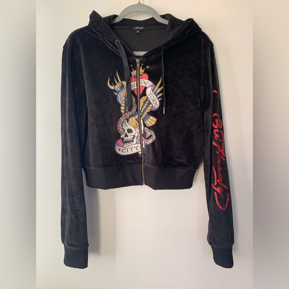 Ed Hardy Y2K black velvet NYC Skull Tattoo Crop Hoodie coat jacket XL NWOT